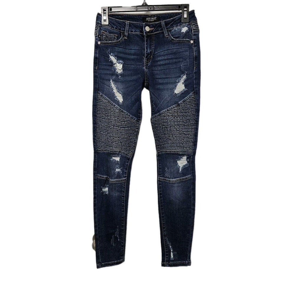 Judy‎ Blue Skinny Jeans Women 3/26 Blue Moto Distressed Ribbed Biker Denim Pant